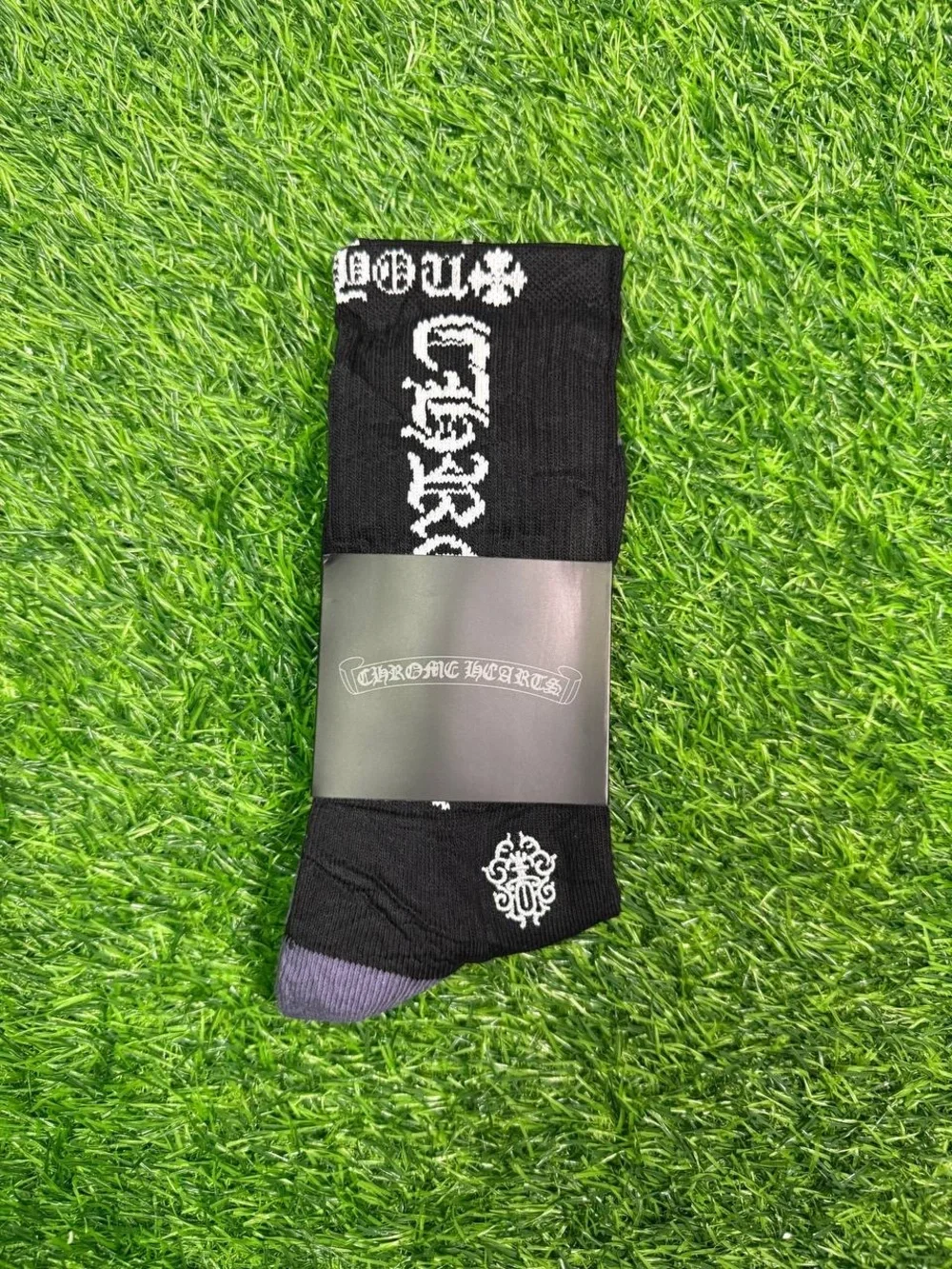 Chrome Hearts Black Crew Socks with White Logo and Purple Toe